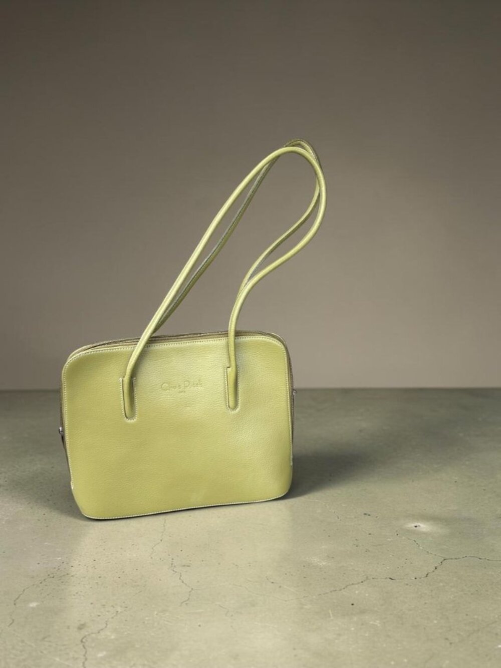 Cleo & Patek Paris Olive Chartreuse Green Leather Molded Shoulder Bag